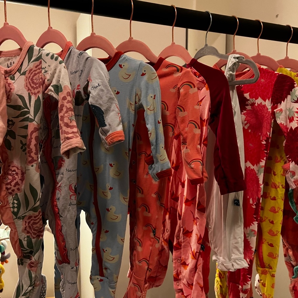 Kickee Pants Footie pajamas, onesie - Peonies and ruffle bottom. Snap.